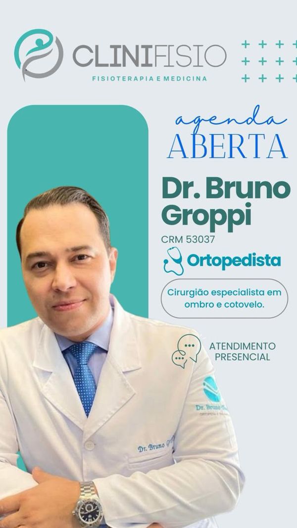 Dr. Bruno Groppi, ortopedista, CRM 53037, cirurgião especialista em ombro e cotovelo. Atendimento presencial. Agende pelo WhatsApp (35) 3741-1497.