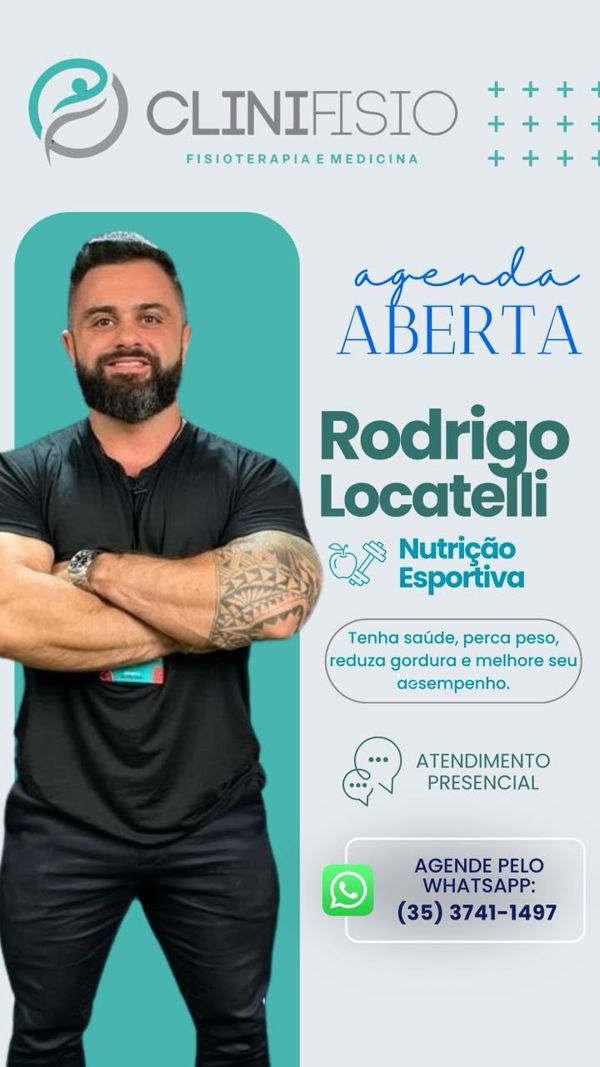 Rodrigo Locatelli, nutrição esportiva: saúde, perda de peso, redução de gordura e melhor desempenho. Atendimento presencial. Agende pelo WhatsApp (35) 3741-1497.