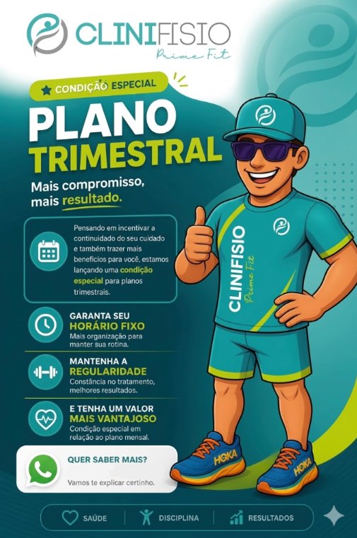 Clinifisio Prime Fit – Condição especial: Plano Trimestral. Mais compromisso, mais resultado. Garanta seu horário fixo, mantenha a regularidade e tenha um valor mais vantajoso em relação ao plano mensal.